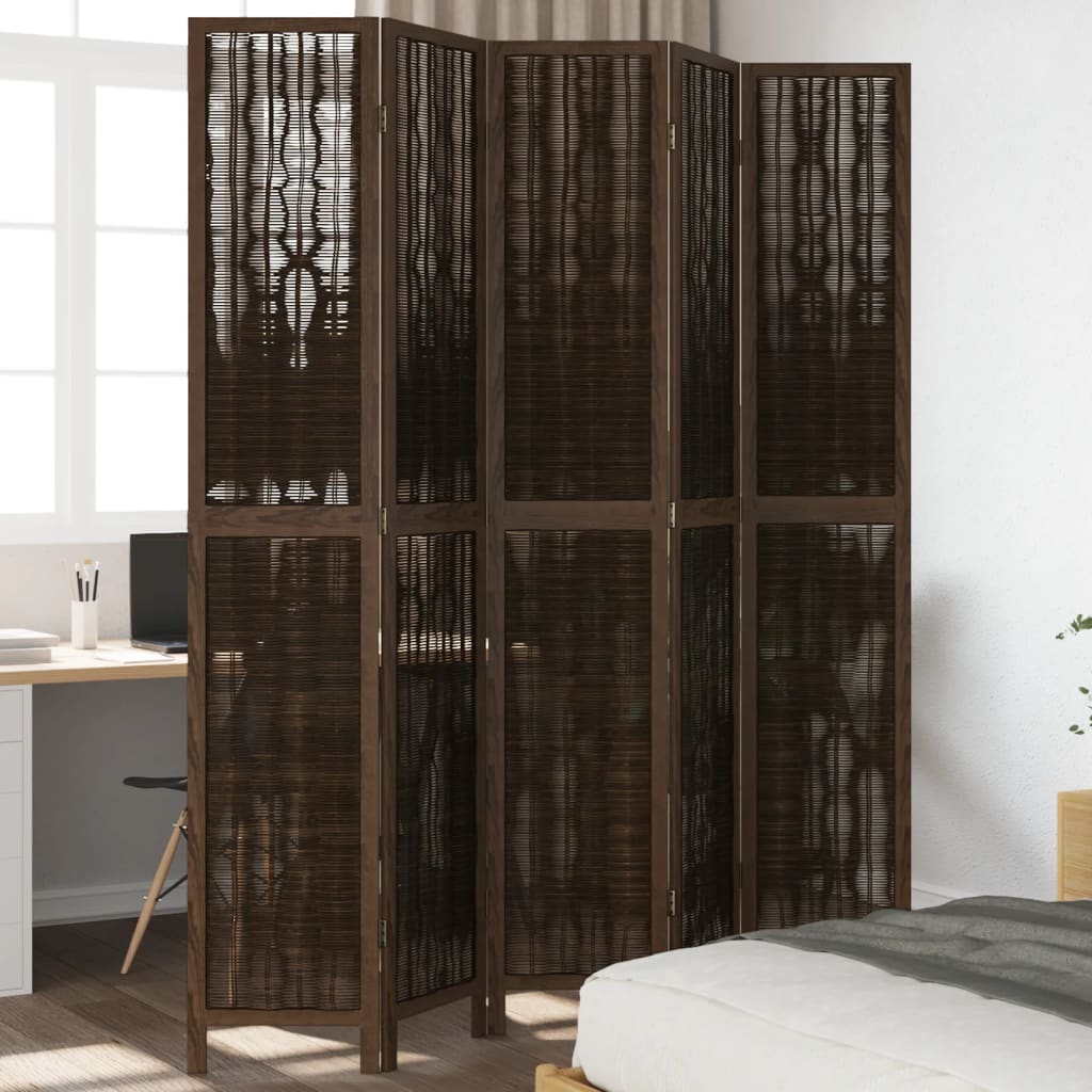 Room Divider 5 Panels Dark Brown Solid Wood Paulownia